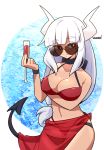 1girl alcohol bikini breasts cleavage cup demon_girl demon_tail drinking_glass helltaker highres horns jewelry large_breasts long_hair lucifer_(helltaker) lyn_(shunao) mole navel necklace red_bikini red_eyes see-through_skirt skirt sunglasses swimsuit tail white_hair wine wine_glass 