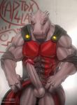  2020 3_fingers abs anthro armor big_penis black_sclera bodily_fluids clothing clothing_lift erection fingers genital_fluids genitals hi_res humanoid_genitalia humanoid_penis lizard looking_at_viewer male muscular muscular_male pecs penis precum rak_wraithraiser red_eyes reptile scalie solo text todex tower_of_god url watermark 