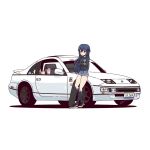  1girl black_footwear black_hoodie black_legwear blue_eyes blue_hair blue_shorts breasts car character_name commentary contemporary crossed_arms english_commentary expressionless fire_emblem fire_emblem_awakening full_body ground_vehicle jestami license_plate long_hair looking_at_viewer lucina_(fire_emblem) medium_breasts motor_vehicle nissan nissan_fairlady shadow shoes shorts signature simple_background skateboard sneakers socks solo standing vehicle_focus white_background 