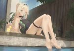  1girl an-94_(girls_frontline) barefoot braid brown_hair cirilla cocktail cocktail_glass cup drink drinking_glass feet french_braid girls_frontline green_eyes highres long_hair looking_at_viewer one-piece_swimsuit plant ponytail pool scenery swimsuit 