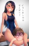  &gt;_&lt; 1boy 1girl absurdres black_hair blue_swimsuit blueawoo breasts brown_eyes commentary_request competition_school_swimsuit covered_navel desk ear_clip glasses gradient gradient_background grey_background grin hachiouji hair_ornament hairclip highleg highleg_swimsuit highres ijiranaide_nagatoro-san leg_lock long_hair medium_breasts nagatoro_hayase school_desk school_uniform scissorhold sitting smile strangling swimsuit tan tanline translation_request 