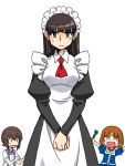  3girls alternate_costume anne_shelley anne_shelley_(cosplay) apron arms_up ascot bangs black_dress black_eyes black_hair blue_choker blue_dress blunt_bangs bow bowtie brown_eyes brown_hair choker closed_eyes collared_dress commentary_request cosplay dress dress_shirt enmaided forehead_scar frown girls_und_panzer hands_together holding juliet_sleeves katarina_claes katarina_claes_(cosplay) keith_claes keith_claes_(cosplay) light_frown long_hair long_sleeves maid maid_apron maid_headdress mother_and_daughter multiple_girls nishizumi_maho nishizumi_miho nishizumi_shiho oosaka_kanagawa open_mouth otome_game_no_hametsu_flag_shika_nai_akuyaku_reijou_ni_tensei_shite_shimatta partial_commentary puffy_sleeves purple_neckwear red_neckwear shirt short_hair short_sleeves siblings sisters smirk snake straight_hair suspenders sweatdrop toy v-shaped_eyebrows v_arms white_apron white_background white_headwear white_shirt wing_collar 
