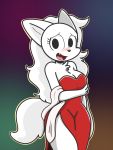  3:4 anthro blanca_(nicky_illust) blush breasts canid canine canis cleavage clothed clothing domestic_dog dress female fluffy fluffy_tail fur hi_res mammal nicky_illust nordic_sled_dog red_clothing red_dress samoyed simple_background solo spitz white_body white_fur wide_hips 