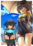  2girls :d arms_behind_back ass_visible_through_thighs bangs beach beach_umbrella bird_tail black_hair black_headwear black_legwear black_swimsuit blue_eyes blue_sky bow bowtie cloud commentary_request covered_navel day greater_lophorina_(kemono_friends) hair_between_eyes hat head_wings highres kemono_friends leaning_forward looking_at_viewer multiple_girls name_tag open_mouth outdoors pantyhose pantyhose_pull rainbow_neckwear robe school_swimsuit see-through sky smile swimsuit thin_(suzuneya) umbrella western_parotia_(kemono_friends) 