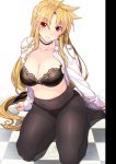  1girl ahoge black_bra black_legwear black_panties blonde_hair bra breasts choker cleavage collarbone covered_navel eyebrows_visible_through_hair fate_testarossa highres himukai_kyousuke large_breasts long_hair looking_at_viewer low-tied_long_hair lyrical_nanoha navel non-web_source open_clothes open_shirt panties panties_under_pantyhose pantyhose pink_eyes seolo sidelocks sitting smile thighband_pantyhose underwear very_long_hair wing_collar yokozuwari 