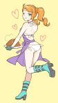  1girl ;q bikini blue_eyes blue_footwear boots curry curry_rice food gloves grey_gloves hair_ornament heart heart_hair_ornament highres holding holding_plate long_hair nokataro one_eye_closed orange_hair plate pokemon pokemon_(game) pokemon_swsh purple_apron rice shiny shiny_hair shoulder_blades side-tie_bikini side_ponytail simple_background solo sonia_(pokemon) standing standing_on_one_leg swimsuit tongue tongue_out white_bikini yellow_background 