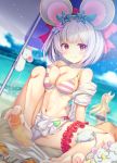  1girl animal_ears beach bow breasts cleavage collarbone commentary_request footjob granblue_fantasy hair_bow highres looking_at_viewer matsunami_rumi mouse mouse_ears navel red_eyes silver_hair smile solo spread_legs swimsuit vikala_(granblue_fantasy) 