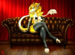  amira armwear clothing crossed_legs elbow_gloves female fur furniture gloves green_body handwear legwear lingerie nipple_tape nipples pasties sergal socks sofa tape tausen_lion white_body white_fur yellow_body yellow_fur 