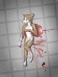  3:4 anthro blood blood_puddle bloody_fur bodily_fluids brown_body brown_fur canid canine canis crime_scene death deep_wound domestic_dog floor full-length_portrait fur half-closed_eyes herding_dog hi_res killing knife_wound lying male mammal narrowed_eyes on_back open_mouth pastoral_dog portrait solo unknown_artist welsh_corgi white_body white_fur wounded zerohours 