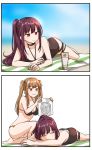  bangs bikini brown_hair closed_eyes dulldull eyebrows_visible_through_hair girls_frontline hair_ornament highres long_hair lotion lying multiple_girls on_stomach purple_hair sunbathing sunscreen swimsuit towel twintails ump9_(girls_frontline) very_long_hair wa2000_(girls_frontline) 