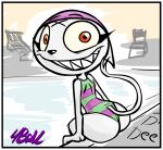  anthro big_butt butt chair clothed clothing digital_media_(artwork) eve_the_familiar felid female flat_chested fourball furniture looking_at_viewer mammal one-piece_swimsuit orange_eyes sharp_teeth short_stack smile swimming_cap swimming_pool swimwear teeth wide_hips 