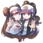  2girls bangs baseball_cap black_vest blue_eyes bow breasts brown_hair closed_mouth commentary_request double_bun hat highres long_hair looking_at_viewer mei_(pokemon) meru_(merumumu) multiple_girls one_eye_closed pink_bow poke_ball_print pokemon pokemon_(game) pokemon_bw pokemon_bw2 ponytail pout raglan_sleeves shirt sidelocks smile tank_top touko_(pokemon) twintails very_long_hair vest visor_cap w white_background 