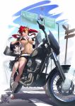  2girls belt bikini bikini_top black_gloves black_hair blue_sky blush breast_hold breasts cloud english_commentary eyewear_on_head fingerless_gloves flame_print gainoob gloves ground_vehicle hair_ornament highlights holding_map kill_la_kill large_breasts matoi_ryuuko motor_vehicle motorcycle multicolored_hair multiple_girls navel open_mouth outdoors pink_legwear red_hair road road_sign short_hair short_shorts shorts sign skull_hair_ornament sky stomach streaked_hair studded_belt swimsuit tengen_toppa_gurren_lagann thighhighs two-tone_hair underboob white_footwear yoko_littner 