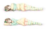  1girl bow brown_hair closed_eyes closed_mouth dakimakura dress frilled_pillow frills from_side full_body green_bow green_ribbon hair_bow long_hair looking_at_viewer love_live! love_live!_school_idol_project lying minami_kotori on_side pillow pillow_hug ribbon short_dress side_ponytail simple_background smile solo striped striped_legwear thighhighs white_background yellow_dress yellow_eyes yu-ta zettai_ryouiki 