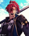  1boy arima_(arima_bn) bangs blood blood_on_face fate/grand_order fate_(series) hair_over_one_eye japanese_clothes koha-ace looking_at_viewer male_focus mori_nagayoshi_(fate) open_mouth polearm ponytail red_hair sharp_teeth sky teeth upper_body weapon yellow_eyes 