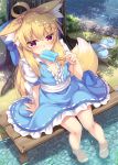  1girl ahoge animal_ear_fluff animal_ears bangs blue_bow blue_dress blush bow commentary_request dress eyebrows_visible_through_hair flat_chest food fox_ears fox_girl fox_tail hair_between_eyes hair_bow long_hair looking_at_viewer original outdoors popsicle red_eyes roshin shadow shoes_removed short_sleeves sidelocks sitting solo sweat tail tree wading 