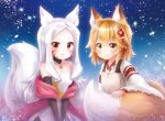  2girls animal_ears apron bare_shoulders black_gloves black_legwear brown_apron brown_eyes brown_hair china_dress chinese_clothes choker dress elbow_gloves eyebrows facial_mark flower forehead fox_ears fox_girl fox_tail gloves hair_flower hair_ornament hakama hakama_pants highres japanese_clothes jewelry kitsune long_hair miko mugenstudio multiple_girls pendant red_eyes red_scarf scarf senko_(sewayaki_kitsune_no_senko-san) sewayaki_kitsune_no_senko-san shiro_(sewayaki_kitsune_no_senko-san) shirt short_hair silver_hair smile strapless strapless_dress tail tail_hold thighhighs upper_body white_dress white_shirt 