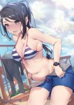  1girl :d absurdres bangs bare_legs bikini black_hair breasts bush cleavage clothes_hanger clothes_rack cloud collarbone commentary_request curvy dutch_angle eyebrows_visible_through_hair grey_eyes highres lens_flare love_live! love_live!_school_idol_project love_live!_sunshine!! matsuura_kanan medium_breasts navel ocean open_mouth outdoors ponytail sidelocks sky smile solo striped striped_bikini swept_bangs swimsuit thighs undressing unzipped watch wetsuit wooden_railing wristwatch yamaori_(yamaorimon) 