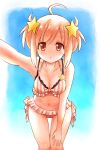  1girl bent_over bikini breasts brown_eyes eyebrows_visible_through_hair hair_ornament hand_on_own_thigh highres kirara_(kirara_fantasia) kirara_fantasia looking_at_viewer looking_down ma_tsukasa medium_breasts midriff navel orange_hair outstretched_arm solo star_(symbol) star_hair_ornament striped striped_bikini swimsuit tied_hair 