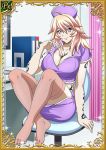  1girl blonde_hair breasts card_(medium) chair grey_eyes ikkitousen large_breasts long_hair looking_at_viewer miniskirt nurse official_art shibai_chuutatsu sitting skirt solo thighhighs trading_card zettai_ryouiki 