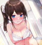  1girl bare_arms bare_shoulders blue_eyes bra breast_hold breasts brown_hair cleavage collarbone hair_ornament highres large_breasts long_hair looking_at_viewer open_mouth original ponytail rouka_(akatyann) sidelocks solo underwear underwear_only white_bra 