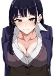  1girl bangs black_eyes black_hair blazer blush boku_no_kokoro_no_yabai_yatsu breasts cardigan cleavage closed_mouth collarbone dress_shirt jacket large_breasts leaning_forward long_hair looking_at_viewer school_uniform shirt smile solo tawashi1623 yamada_anna 