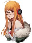  1girl :p ahoge bare_shoulders behind-the-head_headphones black-framed_eyewear black_bra bra brown_eyes closed_mouth commentary dated english_commentary fur-trimmed_jacket fur_trim glasses green_jacket headphones highres jacket long_hair looking_at_viewer off-shoulder_jacket orange_hair persona persona_5 sakura_futaba signature simple_background smile solo temachii tongue tongue_out underwear upper_body white_background 