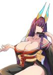  1girl absurdres bangs breasts cleavage collarbone echidna_(last_origin) engineer_kim highres japanese_clothes kimono large_breasts last_origin long_hair looking_at_viewer purple_hair side_slit smile solo thighs very_long_hair white_background yellow_eyes 