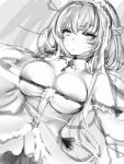  1girl areolae azur_lane bare_shoulders breast_squeeze breasts bursting_breasts character_request closed_mouth dutch_angle eyebrows_visible_through_hair greyscale hair_ribbon highres jitome key_necklace large_breasts long_hair looking_at_viewer maid_headdress monochrome nanashi_(nlo74593630) ribbon solo wing_collar 