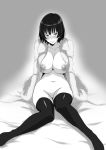  &gt;:) 1girl arm_support bangs black_legwear blush breasts closed_mouth coat fubuki_(one-punch_man) fur_coat greyscale highres large_breasts looking_at_viewer monochrome naked_coat nipples one-punch_man pubic_hair short_hair sitting smile solo tawashi1623 thighhighs 