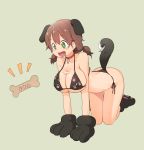  1girl absurdres all_fours animal_ears ass bangs bikini breasts brown_hair bural_chingu choker cleavage dog_ears dog_tail dog_treat drooling extra_ears gloves green_background green_eyes hair_between_eyes ham_na-bi hanging_breasts highres huge_breasts luke_(dydansgur) open_mouth paw_gloves paw_print paw_shoes paws saliva shoes short_twintails side-tie_bikini simple_background smile solo string_bikini swimsuit tail twintails 