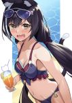  1girl animal_ear_fluff animal_ears bangs bare_shoulders beach beppu_mitsunaka bikini black_hair blush breasts cat_ears cat_girl cat_tail cup drinking_glass fang green_eyes highres karyl_(princess_connect!) long_hair looking_at_viewer low_twintails multicolored_hair open_mouth princess_connect! princess_connect!_re:dive shore small_breasts streaked_hair swimsuit tail twintails wavy_mouth white-framed_eyewear white_hair 