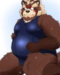  2020 anthro belly blush brown_body brown_fur canid canine clothing fur goemon_(tas) hi_res humanoid_hands kemono male mammal overweight overweight_male raccoon_dog simple_background solo swimwear tanuki tokyo_afterschool_summoners video_games yaki_atsuage 