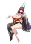  1girl absurdres bangs barefoot breasts cleavage collarbone echidna_(last_origin) engineer_kim full_body highres japanese_clothes kimono large_breasts last_origin long_hair looking_at_viewer purple_hair side_slit simple_background smile solo thighs very_long_hair white_background yellow_eyes 