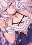  1girl absurdres bare_shoulders black_choker choker cross dated diamond-shaped_pupils diamond_(shape) dress fingernails grey_hair hair_between_eyes hand_up highres holding looking_at_viewer original parted_lips purple_eyes short_sleeves signature solo symbol-shaped_pupils temachii 