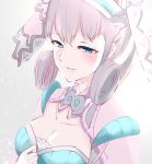  1girl absurdres backlighting blue_eyes blush breasts cleavage from_above hand_on_own_chest hat highres large_breasts melia risumi_(taka-fallcherryblossom) short_hair silver_hair solo upper_body xenoblade_(series) xenoblade_1 