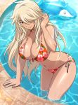  1girl bikini blonde_hair breasts brown_hair dark_skin hair_between_eyes highres ikkitousen large_breasts long_hair midriff musashibou_benkei_(ikkitousen) official_art pool solo swimsuit 