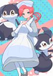  1girl apron black_outline blue_eyes blush closed_mouth commentary_request dress eyelashes gen_8_pokemon grey_dress grey_footwear hands_on_own_chest hands_together hat highres indeedee joy_(pokemon) long_hair looking_at_viewer nuneno nurse nurse_cap outline pink_hair pokemon pokemon_(creature) shiny shiny_hair shoes smile white_apron white_legwear 