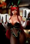  1girl alcohol animal_ears artist_name bare_shoulders beer beer_mug blurry blurry_background breasts bunny_ears bunny_girl bunnysuit cup earrings elbow_gloves erza_scarlet fairy_tail fake_animal_ears gloves hair_ornament hair_over_one_eye heart heart_hair_ornament jewelry large_breasts long_hair looking_at_viewer mug nextoad pantyhose patreon_username red_eyes red_hair see-through solo standing watermark white_gloves 
