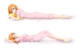  1girl arm_up bangs barefoot blue_eyes blush bow closed_eyes closed_mouth full_body hair_between_eyes hair_bow kousaka_honoka long_hair love_live! love_live!_school_idol_project lying on_back on_stomach open_mouth orange_hair pajamas pants pink_pants pink_shirt shirt short_sleeves side_ponytail simple_background sleeping smile solo stuffed_animal stuffed_toy white_background yellow_bow yu-ta 
