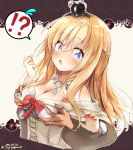  !? 1boy 1girl bangs blonde_hair blush braid breast_grab breasts cleavage crown dated dress eyebrows_visible_through_hair flying_sweatdrops french_braid grabbing groping jewelry kantai_collection large_breasts long_hair long_sleeves mini_crown necklace off-shoulder_dress off_shoulder open_mouth red_neckwear solo_focus sweat twitter_username upper_body warspite_(kantai_collection) yuzumaki_tajii 
