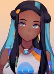  1girl black_hair blue_eyes blue_hair closed_mouth commentary dark_skin earrings english_commentary eyeliner head_tilt highres hoop_earrings jewelry makeup multicolored_hair necklace poke_ball_print pokemon pokemon_(game) pokemon_swsh rurina_(pokemon) signature smile solo temachii two-tone_hair upper_body yellow_background 