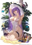  1girl arm_up bag bangle bare_shoulders bottle bracelet breasts bucket bug butterfly cleavage collarbone covered_navel dinergate_(girls_frontline) girls_frontline groin highleg highleg_swimsuit highres insect jewelry large_breasts long_hair looking_at_viewer nail_polish octopus one-piece_swimsuit parted_lips plant purple_hair purple_nails red_eyes sand shell solo star_cutout sunglasses swimsuit thigh_strap thighs very_long_hair watermark wet white_swimsuit whoisshe zb-26_(girls_frontline) 