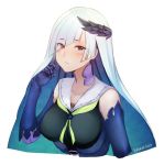  1girl bangs blue_hair blunt_bangs blush breasts brynhildr_(fate) closed_mouth commentary dated diagonal_bangs elbow_gloves english_commentary eyebrows_visible_through_hair eyes_visible_through_hair fate/grand_order fate_(series) gauntlets gloves green_neckwear large_breasts laurel_crown long_hair looking_at_viewer multicolored_hair neckerchief purple_eyes sailor_collar school_uniform serafuku signature silver_hair solo temachii upper_body white_sailor_collar 