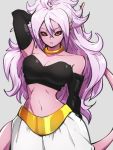  1girl android_21 arm_behind_head bare_shoulders black_sclera breasts choker cleavage collarbone dragon_ball dragon_ball_fighterz grey_background hair_between_eyes kemachiku long_hair majin_android_21 medium_breasts midriff navel pink_hair pink_skin pointy_ears red_eyes simple_background solo tail yellow_choker 