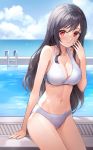  1girl bare_arms bare_shoulders bikini black_hair blurry breasts cleavage cloud collarbone day depth_of_field groin hand_up horizon large_breasts long_hair looking_at_viewer lunacle navel ocean original outdoors pool poolside red_eyes smile solo stomach swimsuit thighs water white_bikini 