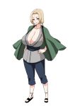  1girl blush breasts brown_eyes cleavage closed_mouth collarbone facial_mark forehead_mark full_body huge_breasts jacket jacket_on_shoulders japanese_clothes light_brown_hair looking_at_viewer low_twintails medium_hair naruto naruto_(series) sash smile solo standing tawashi1623 tsunade twintails 