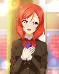  1girl :d bangs black_jacket blurry blurry_background blush bow bowtie box collared_shirt gift gift_box hair_between_eyes head_tilt highres holding holding_box jacket long_hair long_sleeves looking_at_viewer love_live! love_live!_school_idol_project nishikino_maki open_mouth purple_eyes red_bow red_hair red_neckwear shiny shiny_hair shirt smile solo striped striped_neckwear upper_body wing_collar yu-ta 