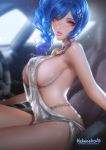  1girl azur_lane backless_dress backless_outfit bangs bare_shoulders blue_hair bracelet breasts car car_interior cleavage dress earrings evening_gown from_side grey_dress ground_vehicle hair_between_eyes hair_ornament hairclip halter_dress heheneko jewelry large_breasts looking_at_viewer motor_vehicle necklace parted_lips pink_eyes plunging_neckline revealing_clothes side_ponytail sideboob sidelocks silver_dress sitting st._louis_(azur_lane) st._louis_(luxurious_wheels)_(azur_lane) thighs torso 