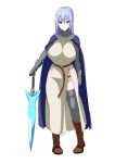  1girl blue_eyes blue_hair breasts cape chainmail closed_mouth cross full_body hair_between_eyes holding holding_sword holding_weapon knights_templar large_breasts long_hair looking_at_viewer original solo standing sword tawashi1623 weapon 